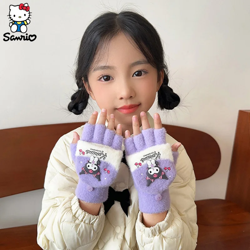 Sanrio Half finger Warm Gloves Kawaii Kuromi Melody Winter Gloves Warm Cute Cartoon Plush Children Christmas Gifts Accessories