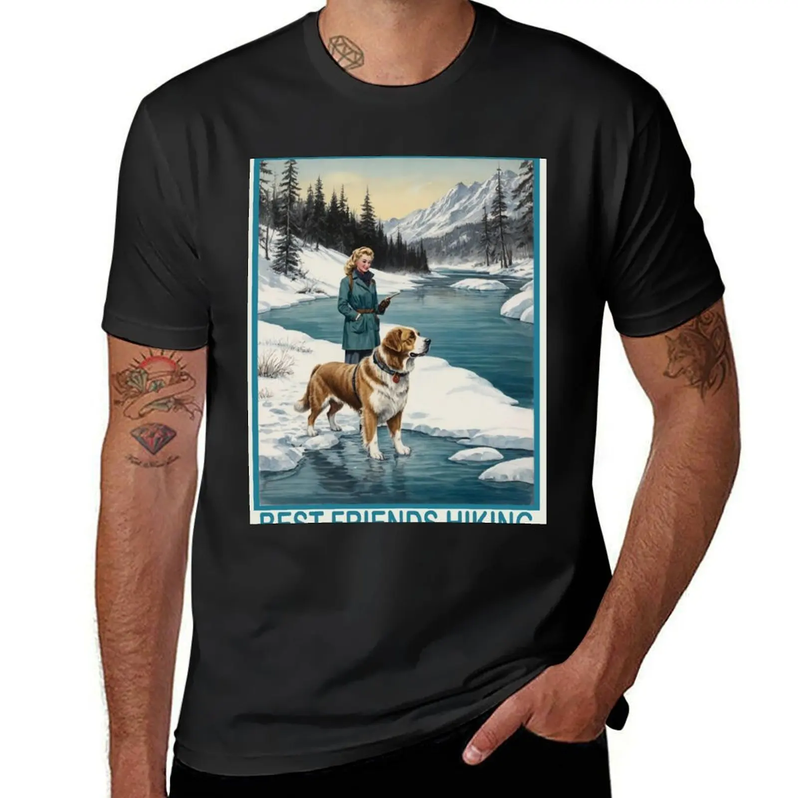 vintage poster best friends hiking winter woman and dog 01 T-Shirt boys whites tees mens graphic t-shirts big and tall