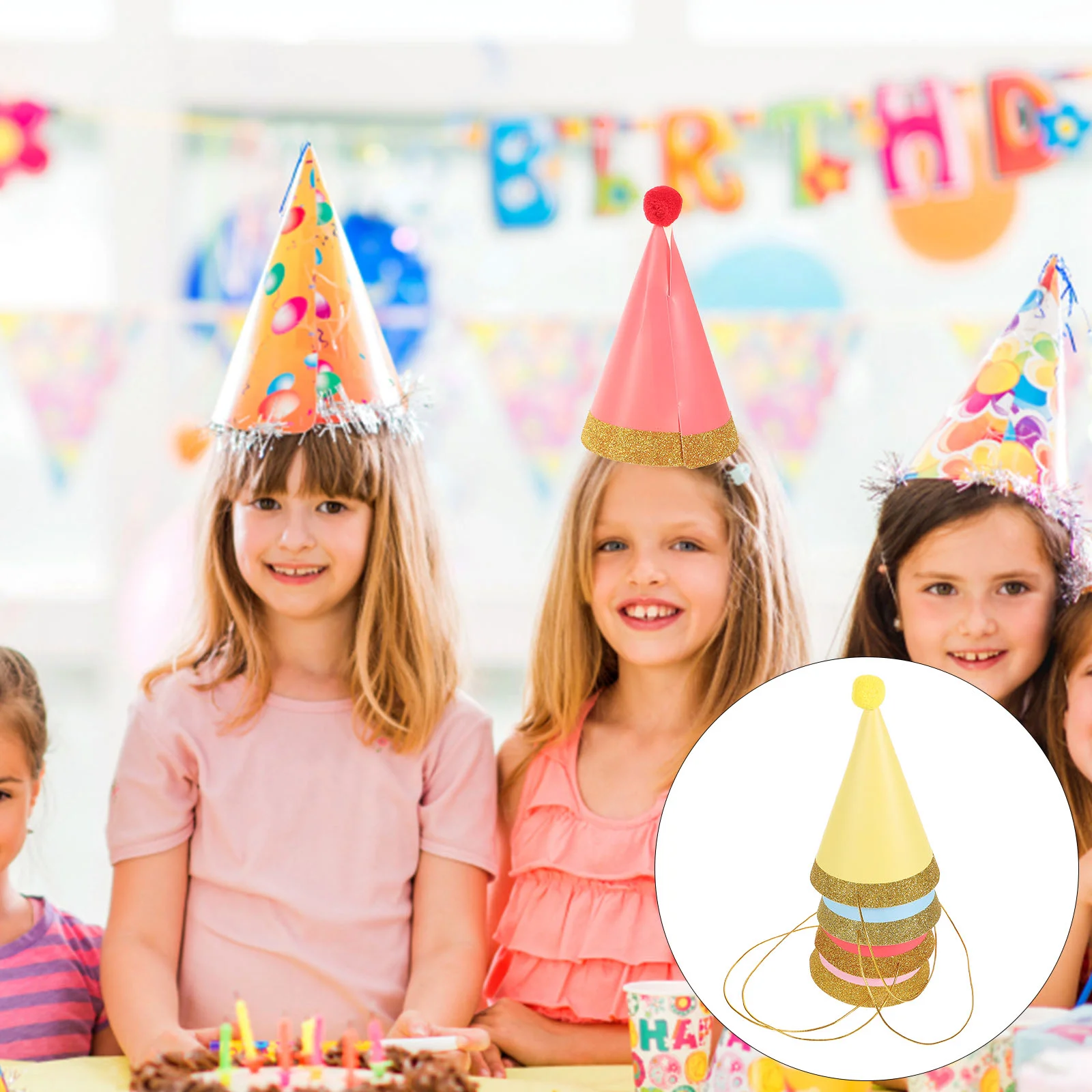 12pcs Kids Birthday Hat Glitter Party Golden Rim Photo Props for Children Decoration (Pink, Red, Yellow, Blue Each Three)