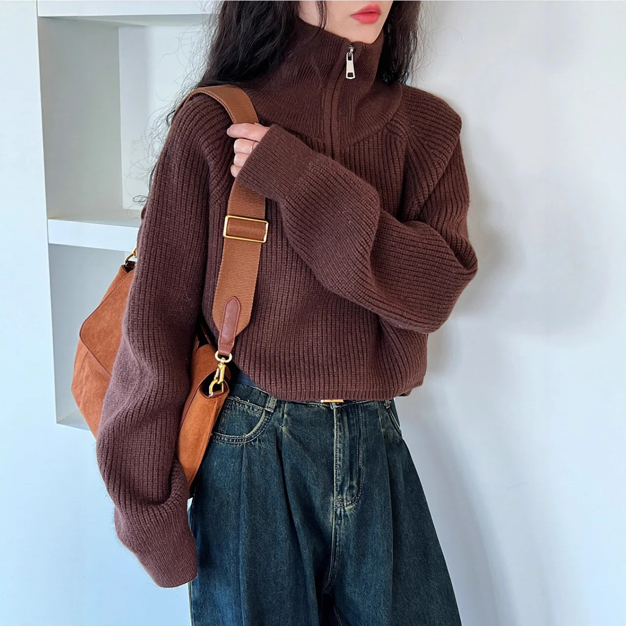 

Утолщенный осенне-зимний новый вязаный свитер на молнии с высоким воротом, пуловер, женская теплая верхняя куртка