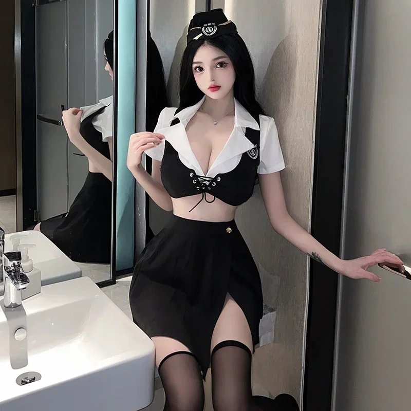 2023 neue Frauen Sexy Anime Dessous Cosplay Kostüm Schwarz Airline Stewardess Uniform Kleid Club Show Sexy Kleid mit Hut