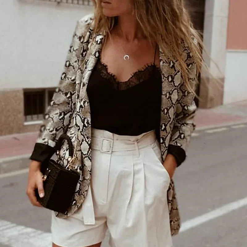 Snake Print Blazer Female Buttonless Suit 2022 Office Lady Retro Casual Long-sleeved Jacket Fashion Commuter Temperament Blazer