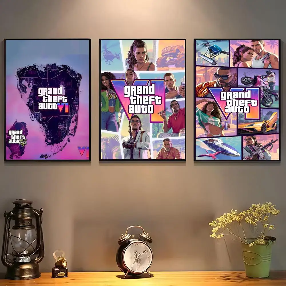 Affiche autocollante du jeu GTA 6, autocollant en papier imperméable, décoration murale pour café, bar, salle