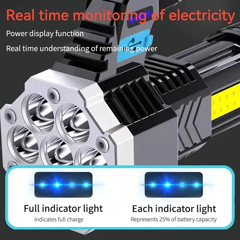 Portable 7 LED FlashLight COB Side Lights USB Rechargeable 4 Modes Torch With Power Display Outdoor Waterproof Emergency Lamp