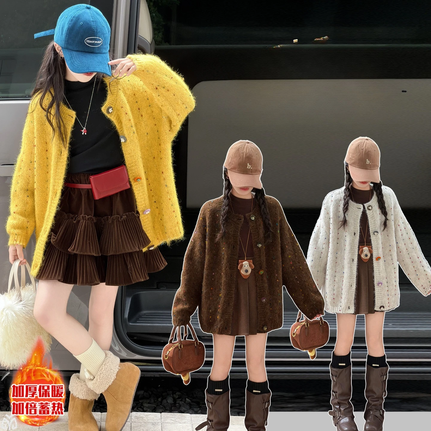 

Korean autumn winter 4-14 teen girls knitted cardigan jacket junior kid thick warm round neck sweater coat child outside clothes