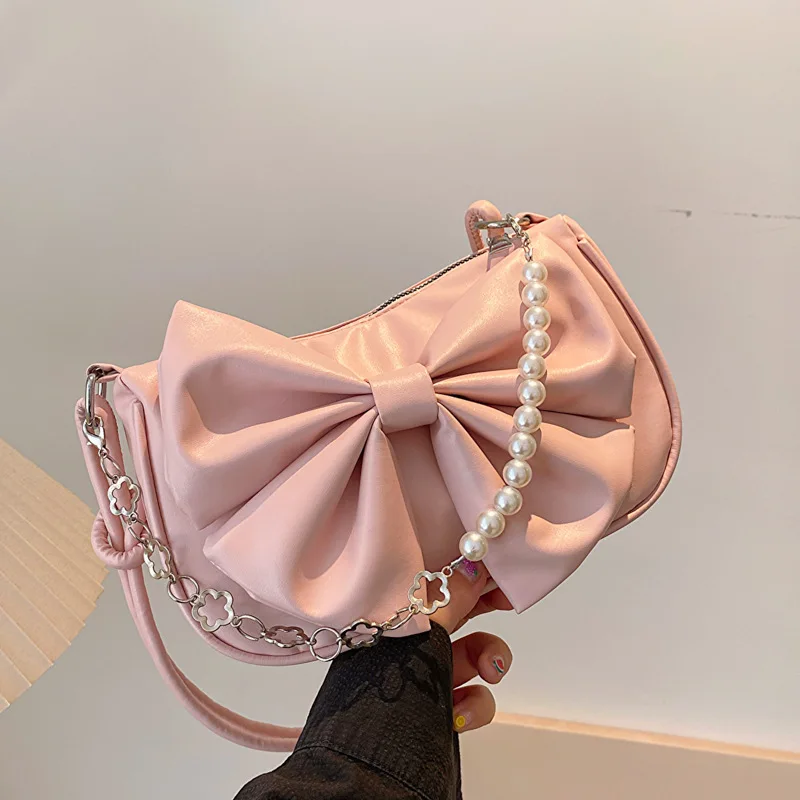 

Spring Fashion Trendy Women's Pearl Chains Handbag Korean Style 2024 New Textured Bowknot Female Single Shoulder Underarm Bag