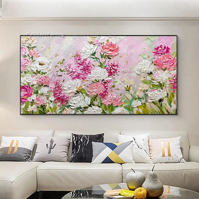 Hand Painted Pink White Blooming Flower Canvas Wall Art Decor For Room Large Green Rose Pink Florals Field Oil Painting