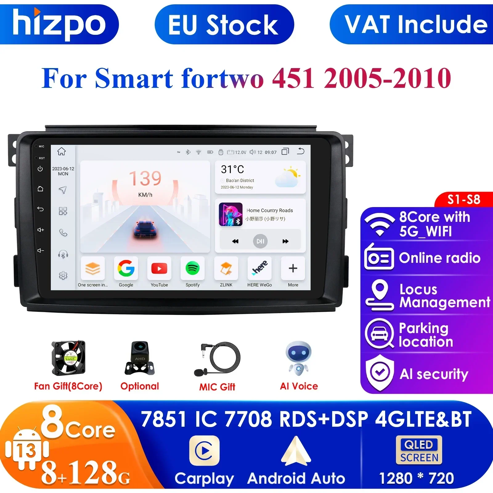 7862 ai intelligenter Bildschirm 2din Android Autoradio Multimedia-Video-Player für Smart Fortwo