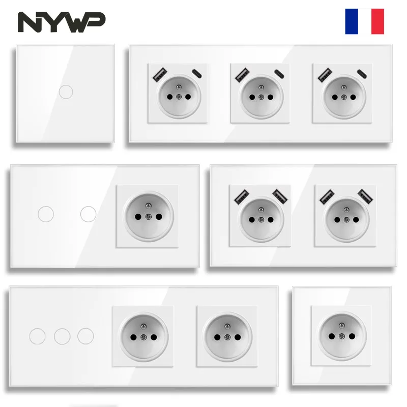 NYWP Touch Switch French Wall Socket Led Wall Light Switches 1/2/3Gang 1Way Glass Backlight Phone Charge USB France Sockets