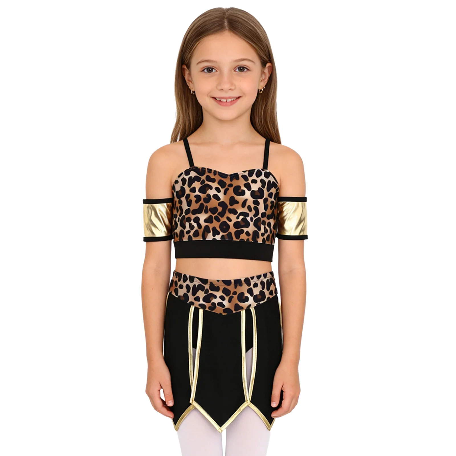 Kostium Karnawałowy Halloween dla Dużych Dziewcząt: Przedstawicielka Jaskini, Dzikorobinek, Cosplay, Top na Ramiączkach w Leopardi Wzór z Rozcięciami i Spódnicą