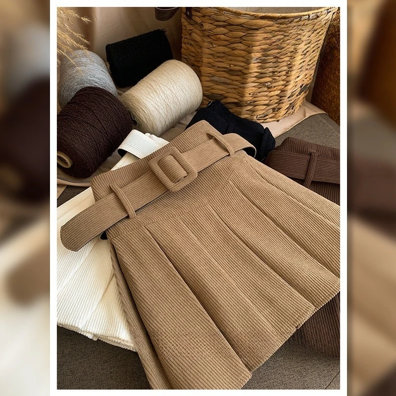 

1 шт. женская вельветовая плиссированная юбка с высокой талией, мини-юбка, осень-зима, короткая юбка трапециевидной формы, женская повседневная полуюбка с поясом