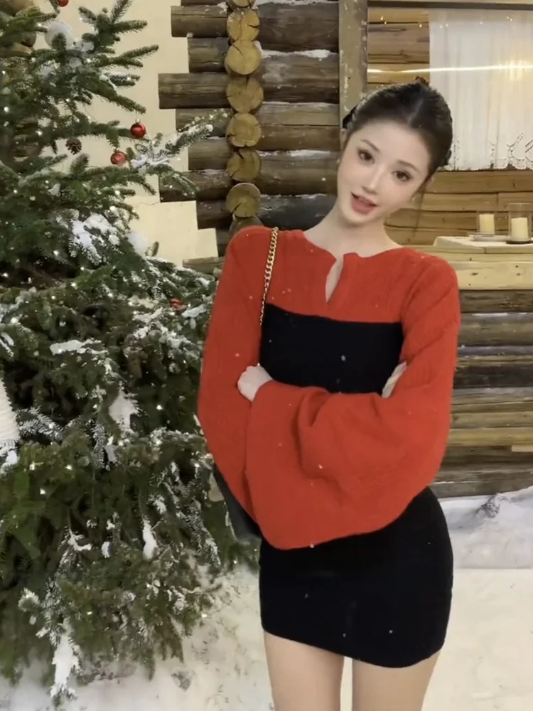 

XZY Chic Oversized Color Block Wrap Skirt for Women Autumn Winter Christmas Fashion Casual Korean Style Slim Fit Short Dress