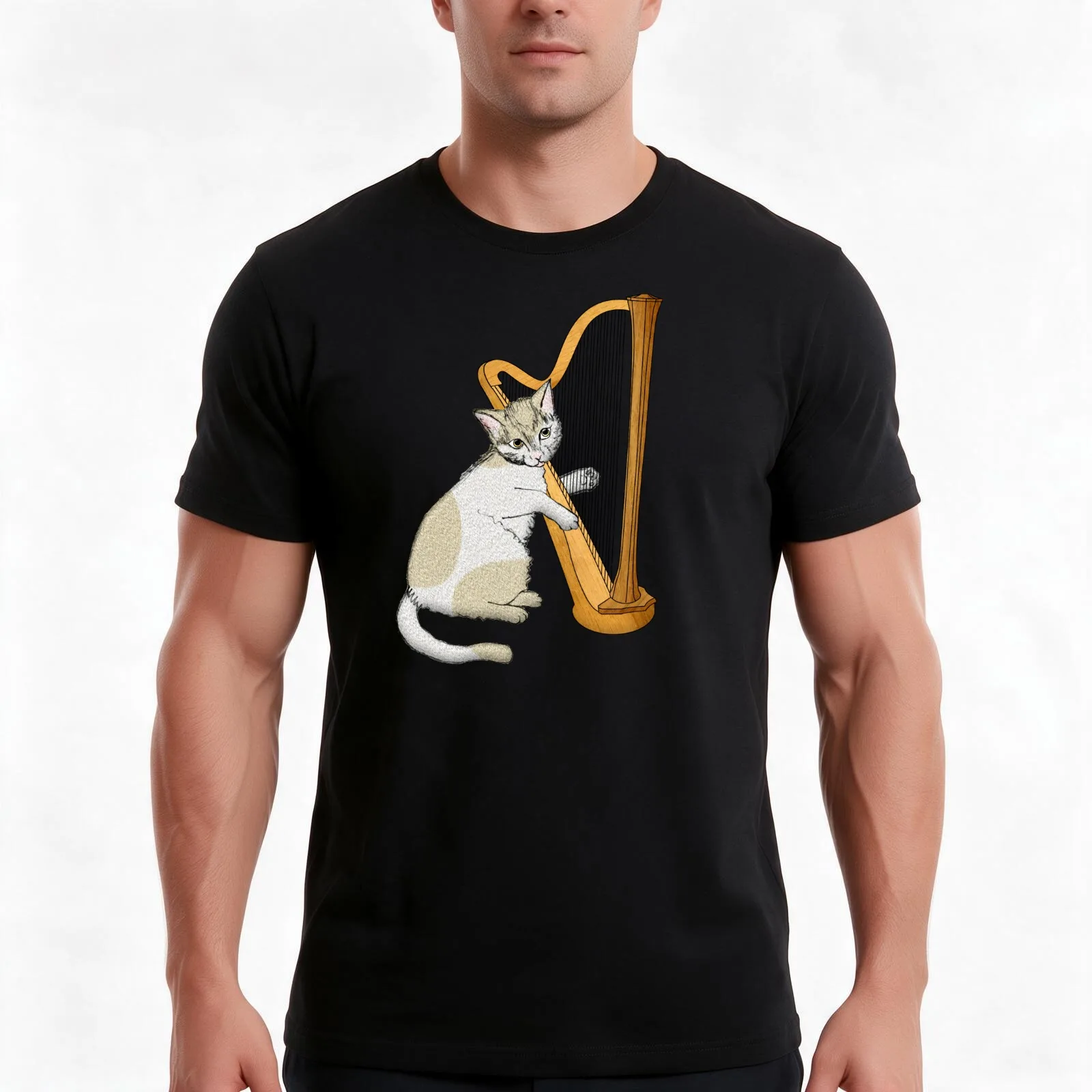Calico Cat Plays the Harp T-Shirt, Summer Casual Cotton Tee, Oversized Streetwear Tops, Vintage Graphic Print, Unisex Men Women