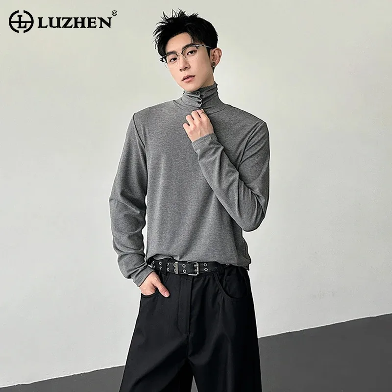 LUZHEN Stand Stylish Elegant Buttoned 2026 Neck Long New Sleeve Turtleneck T-shirts Men's Handsome Solid Color Sweatshirt JY9180