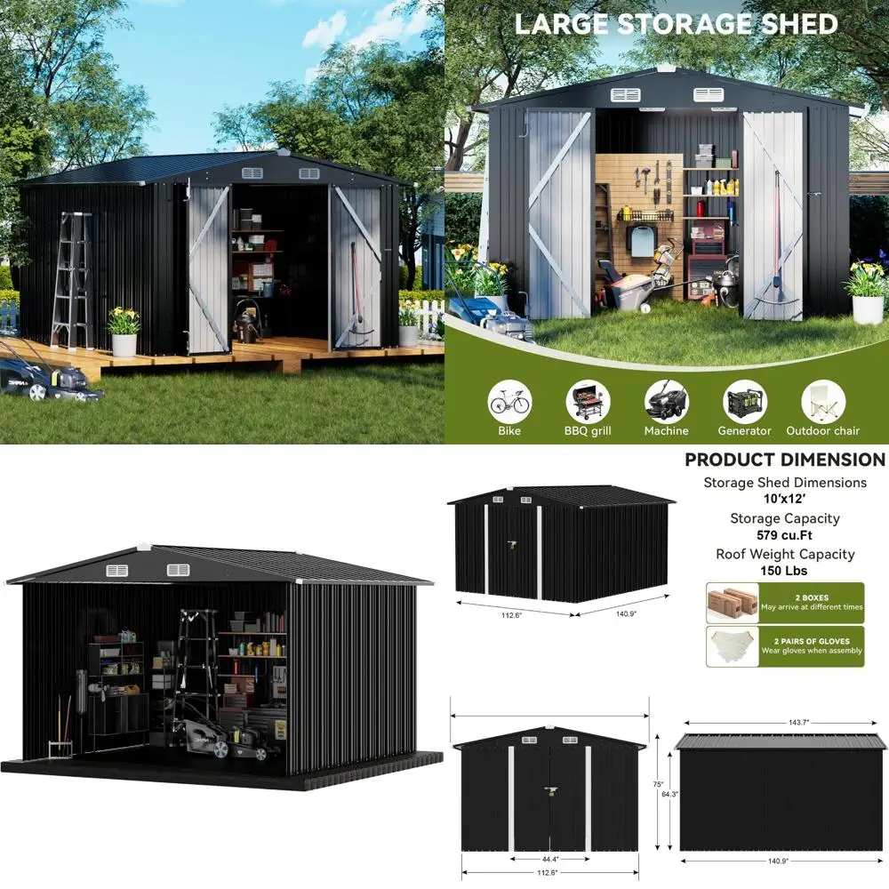 

Metal Outdoor Storage Shed with Lockable Doors, Sloping Roof, and Air Vent for Garden Tools and Backyard Storage