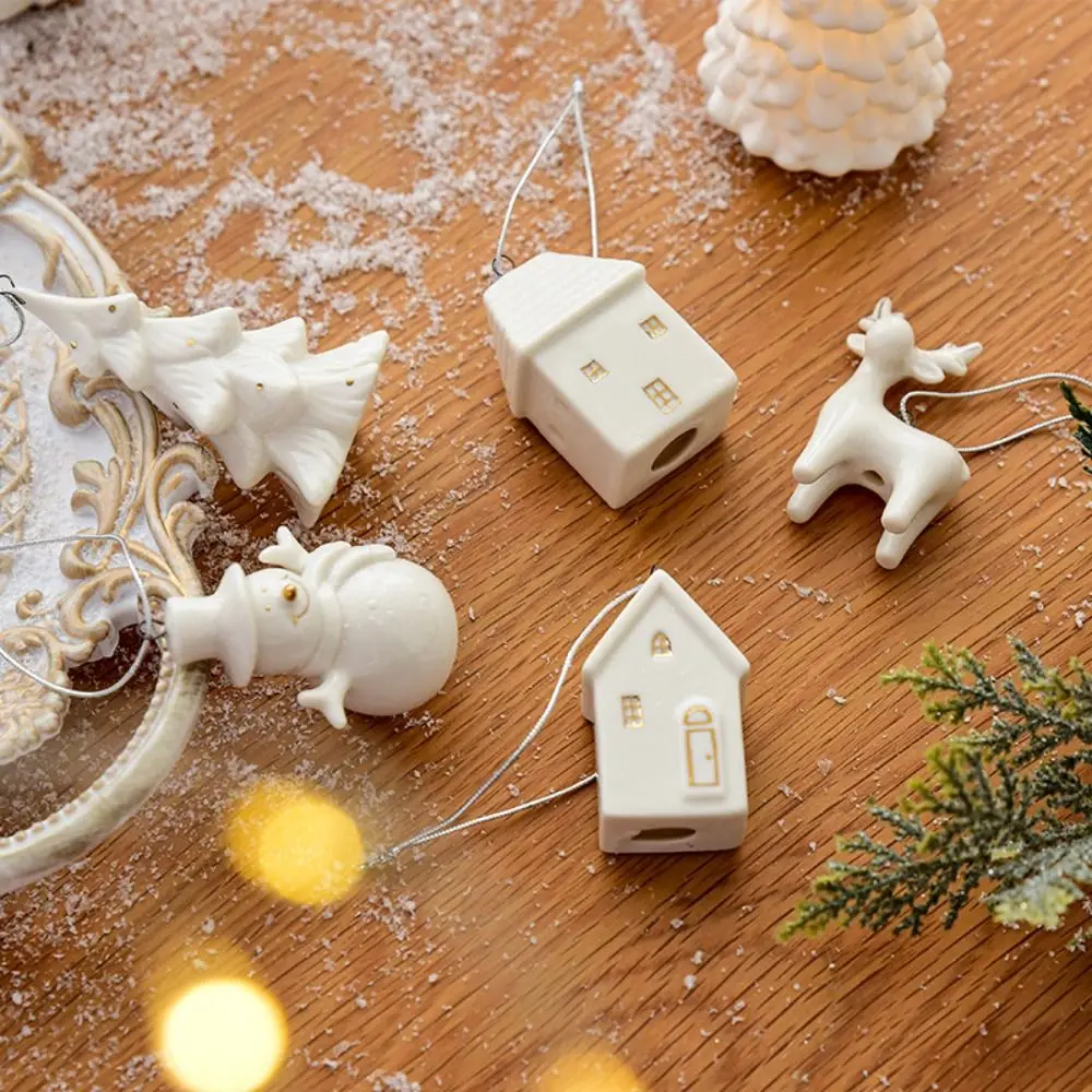 1pc Christmas Ceramic House Pendant Hollow out Snow House Christmas Tree Charms Decoration Happy New Year Decoration