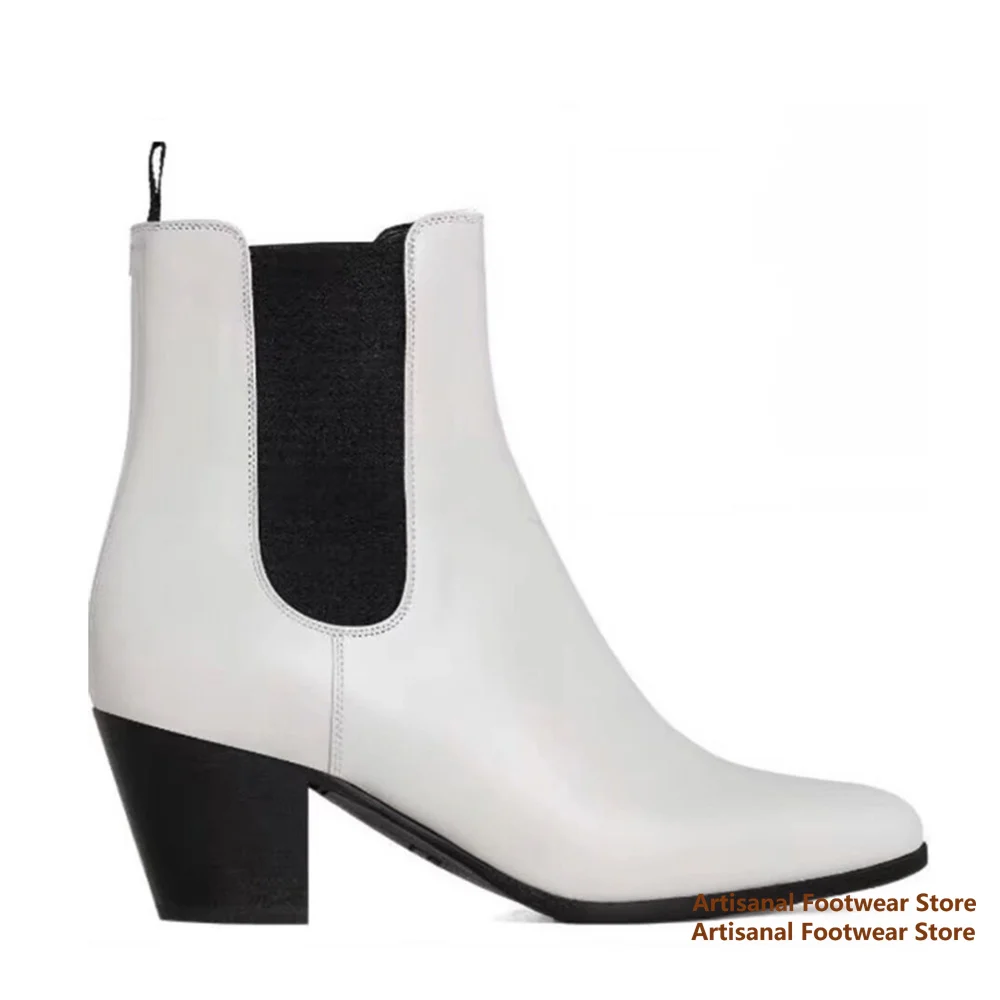 White Chelsea Boots Men's Leather Pointy Toe High-Heeled Short Boots High-Top Boots Designer Style Handmade Men's Booties