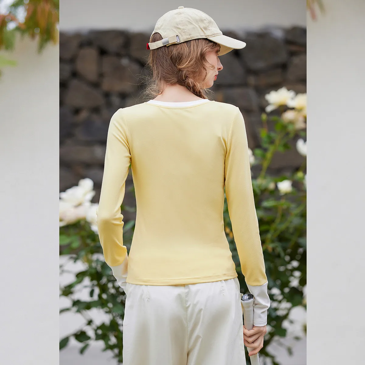 LOUIS YAO New Splicing Color Contrasting Women's T-shirt 2025 Spring Half Open Placket Micro Elastic Tops Slim Long Sleeve Tees