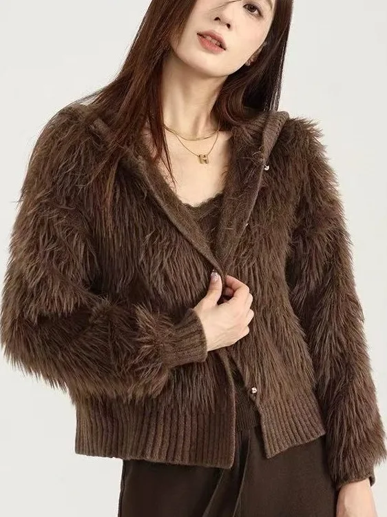 

Soft ort Knitted Cardigan Women's Autumn Winter Faion Imitation Fur Sweater Coat French Sle Loose Fit Long Sve