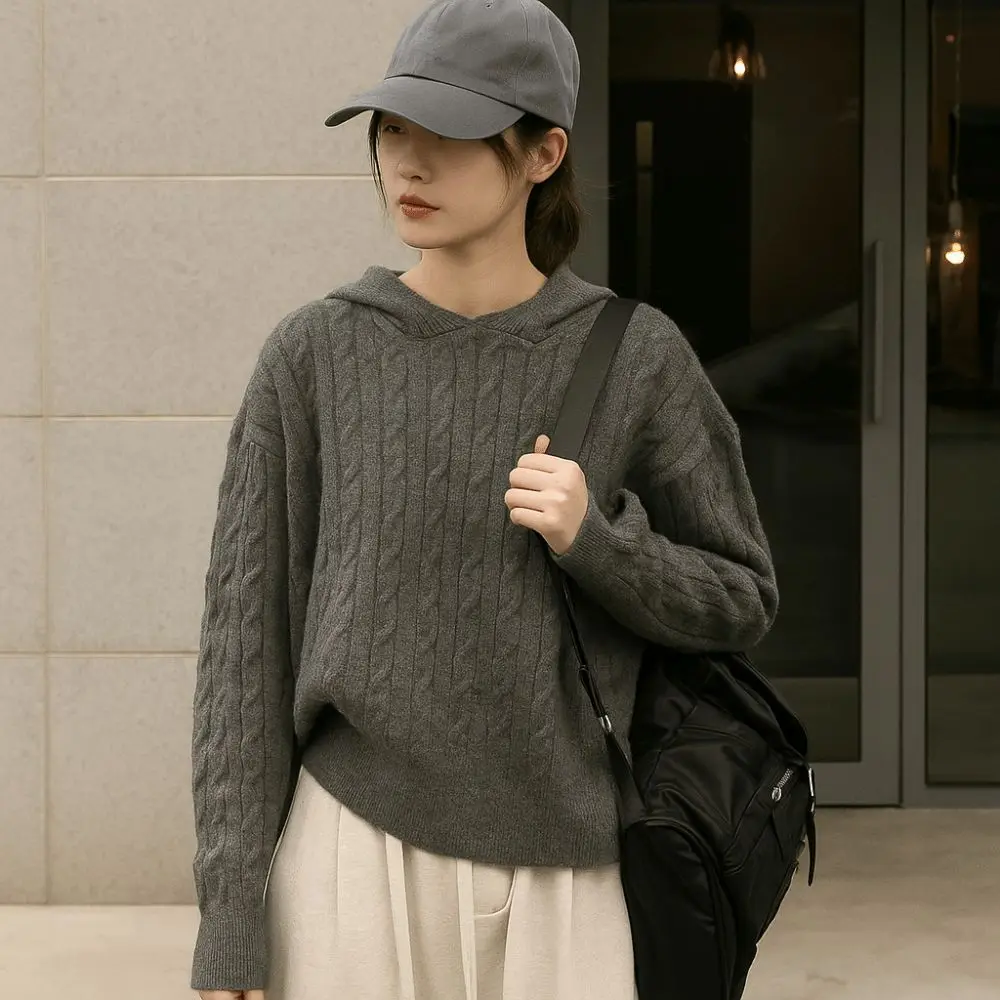 

Aesthetic Long Sleeve Knitted Hoodies Casual Loose Hooded Sweatshirts Simple Pullover Hooded Knitted Sweater Women