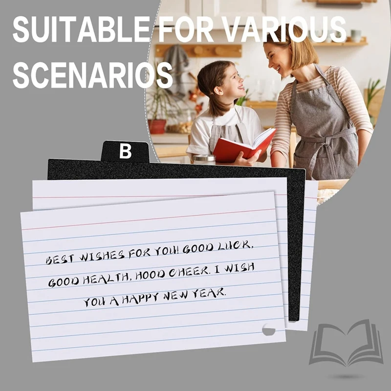 Divisores pretos do cartão do índice, tabela alfabética, organizador do cartão do índice, anel durável, 3x5, 62 PCes
