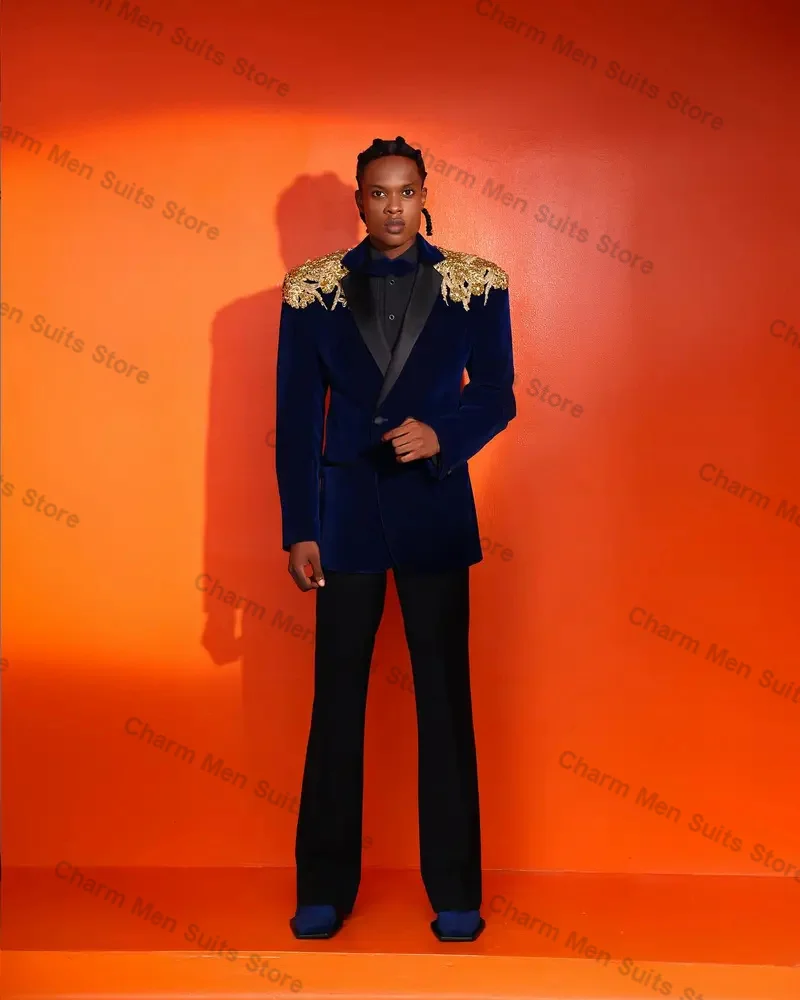 

Blue Velvet Men Suits Set 2 Piece Blazer+Cotton Pants Gold Applique Wedding Tuxedo Formal Office Groom Prom Jacket Business Coat