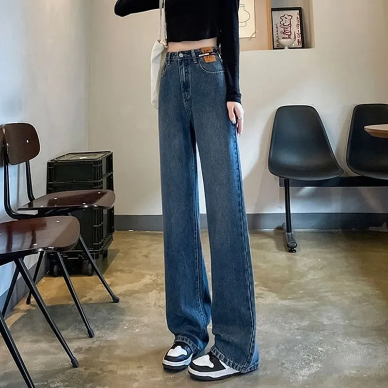 

Spring Autumn Lady Cement Ash Wide Legs Jeans Women High Waisted Narrow edition Denim Pants Female Straight Leg Cowboy Trousers