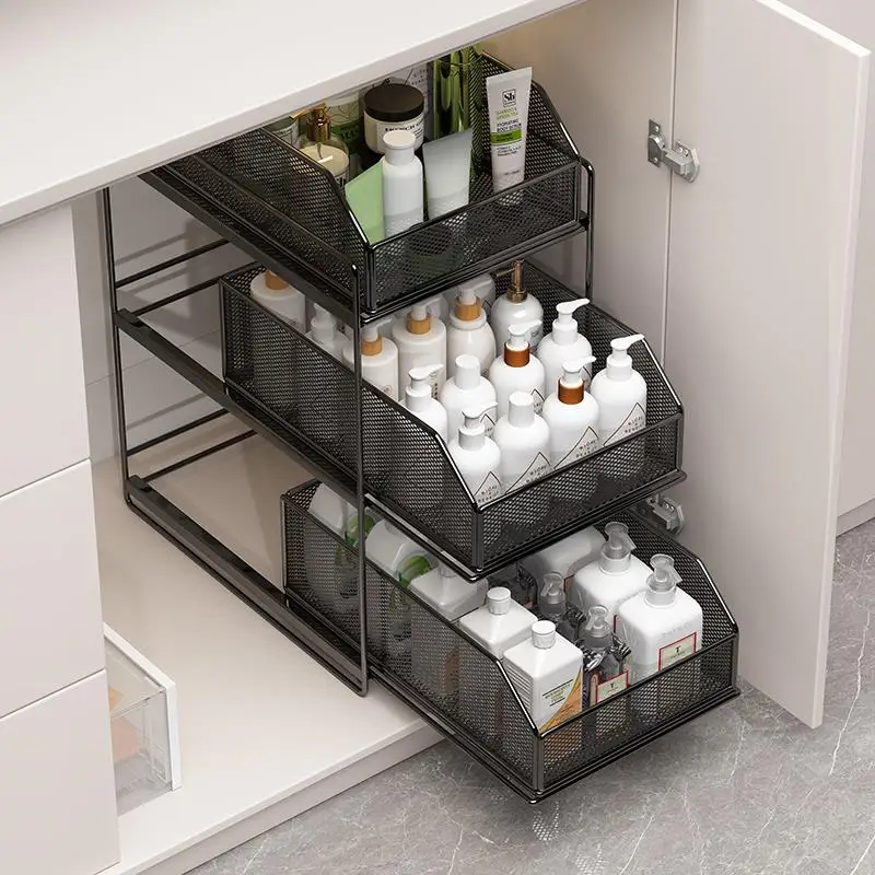 Modern Sle Batoom Pull-Out elf under Sink Cabinet Iron Material No-Drill Installation Personal Care Product Organizer