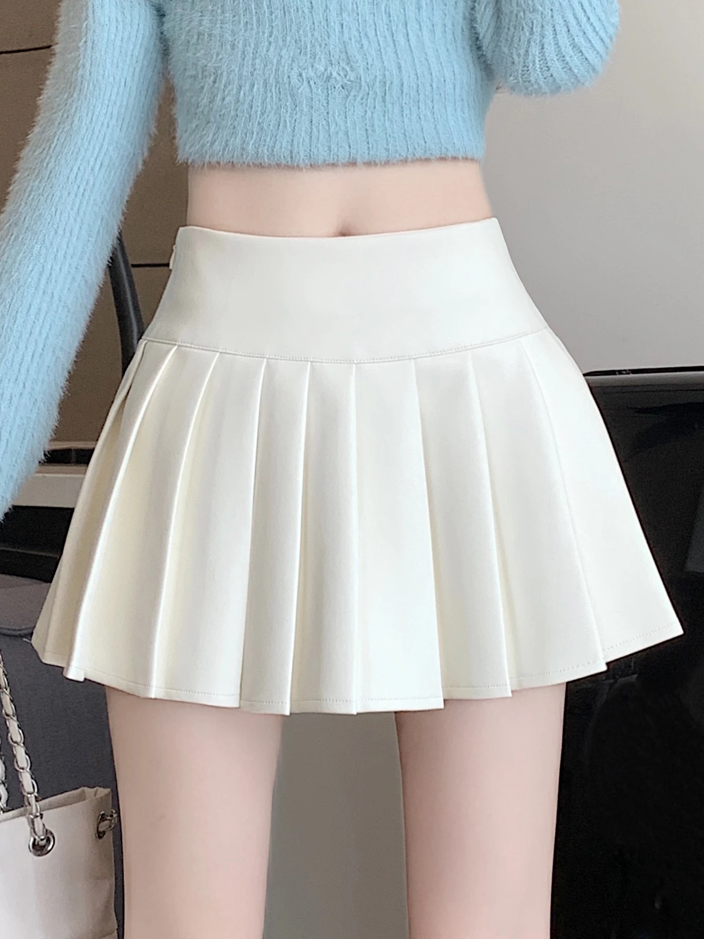 

Белая винтажная юбка из искусственной кожи для женщин, А-силуэт, с высокой талией, плиссированная, весна-лето, новая, мягкая, удобная, на подкладке