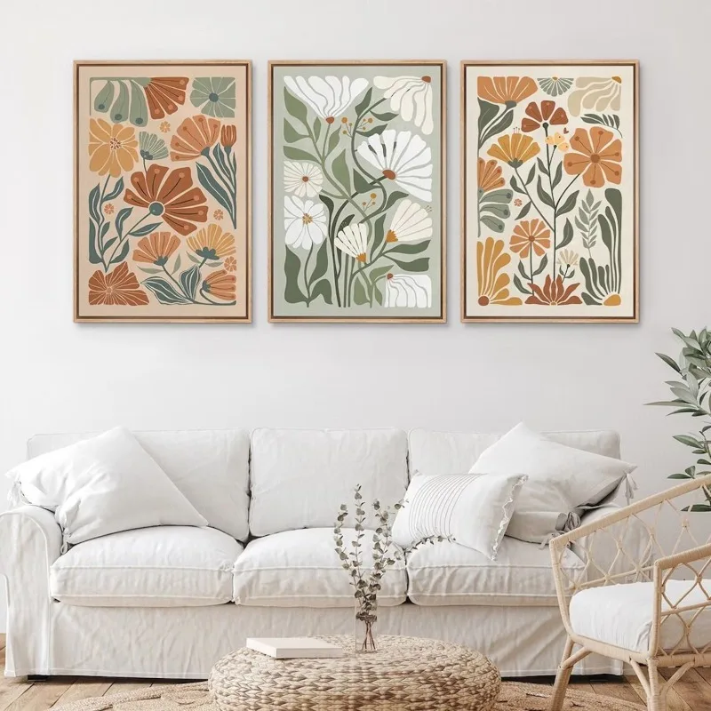 3pcs frameless Canvas Painting Frameless Retro Floral Wall Art Set of 3, Scandinavian Botanical Canvas Prints, Mid Century Moder