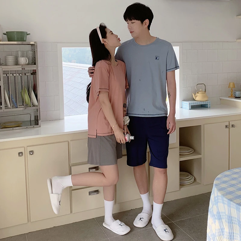 M-3XL L-4XL Couple Set Pure Cotton Pullover Short Sleeve Shorts Men's Blue Women's Pink Summer Casual Men's and Women's Pajamas