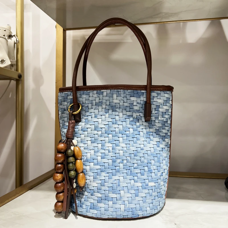 

Hand Woven Small Denim Bucket Bags For Women Luxury Designer Handbag Purse 2025 New In Beaded Pendants Top Handle Cloth Shoulder