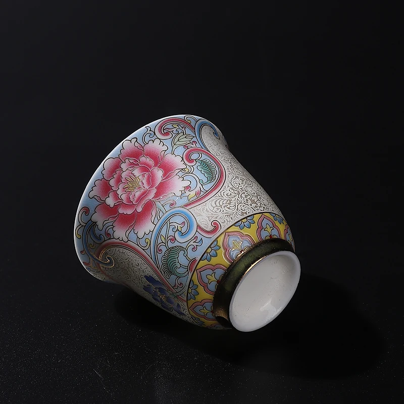 Cloisonne Silver Craft Small Size Personal Cup Ceramic Magnolia Tea Cup Single Cup Enamel Color  Style Tea Cup Paper Box