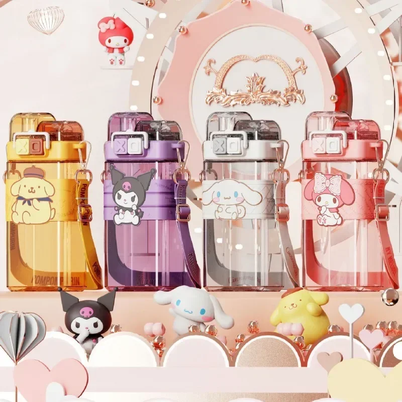 Sanrio Melody Pompompurin Kuromi Cinnamoroll 520ml Plastic Bottle Double Drink Cup Students Cartoon Large Capacity Water Bottle