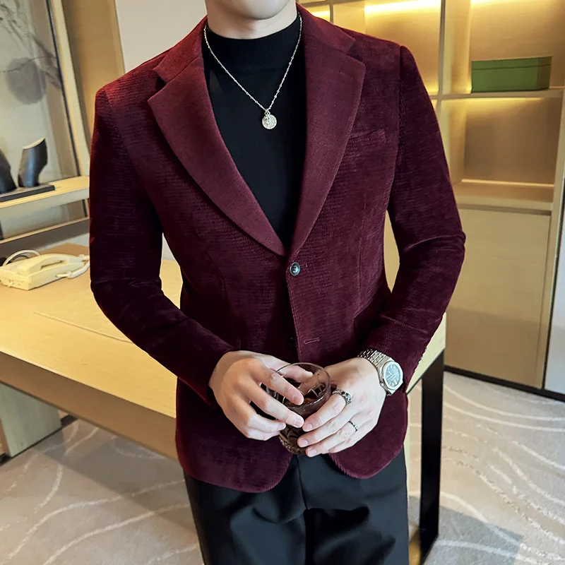 Korean Style Slim Fit Suit Jacket Seaweed Pattern Stylish Contrast Color Coat Business Jacket Party Formal Jacket Man Chenille