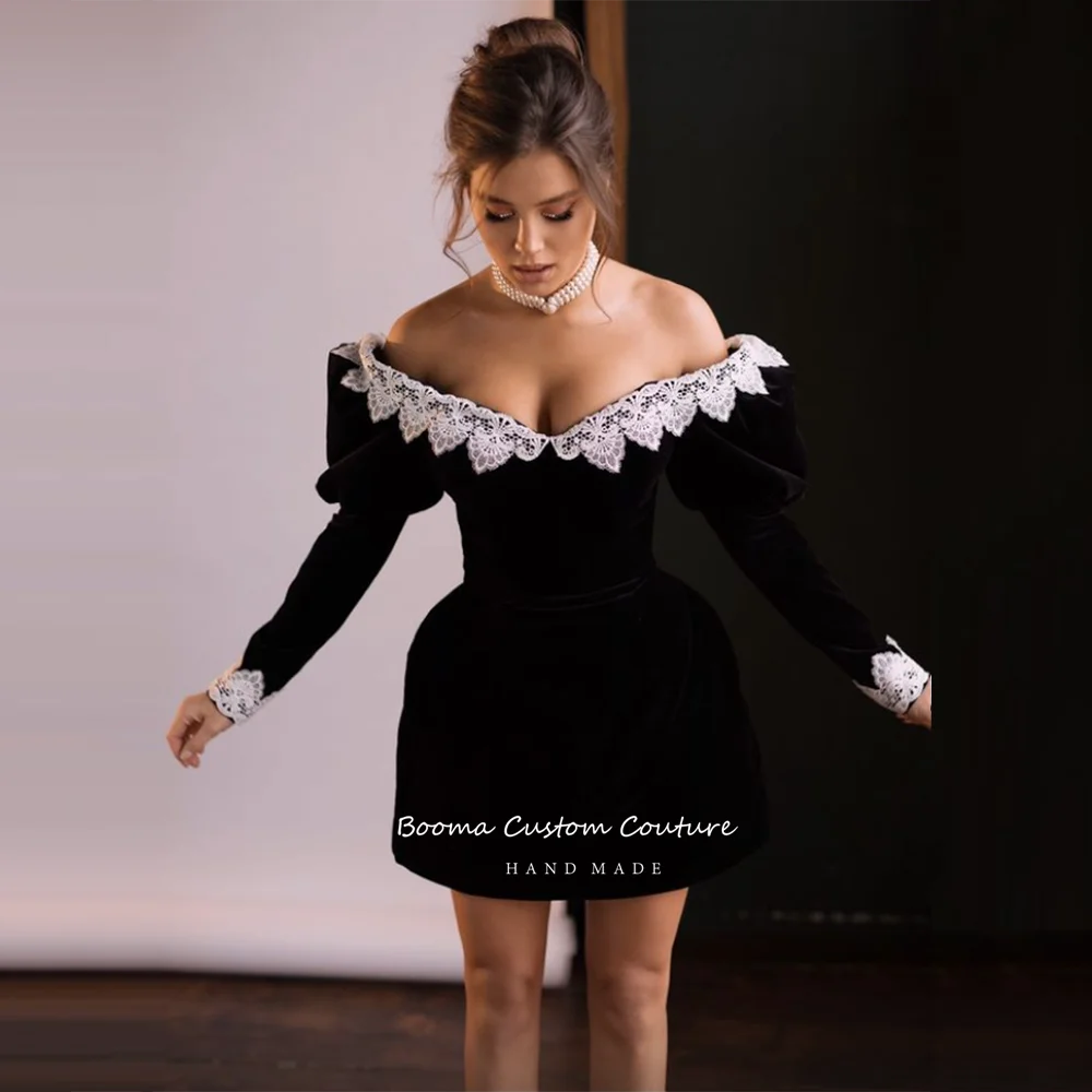 Booma Black Off Shoulder Velvet Short Prom Dresses Long Sleeves Lace Mini Cocktail Dresses Open Back Formal Gowns Customized