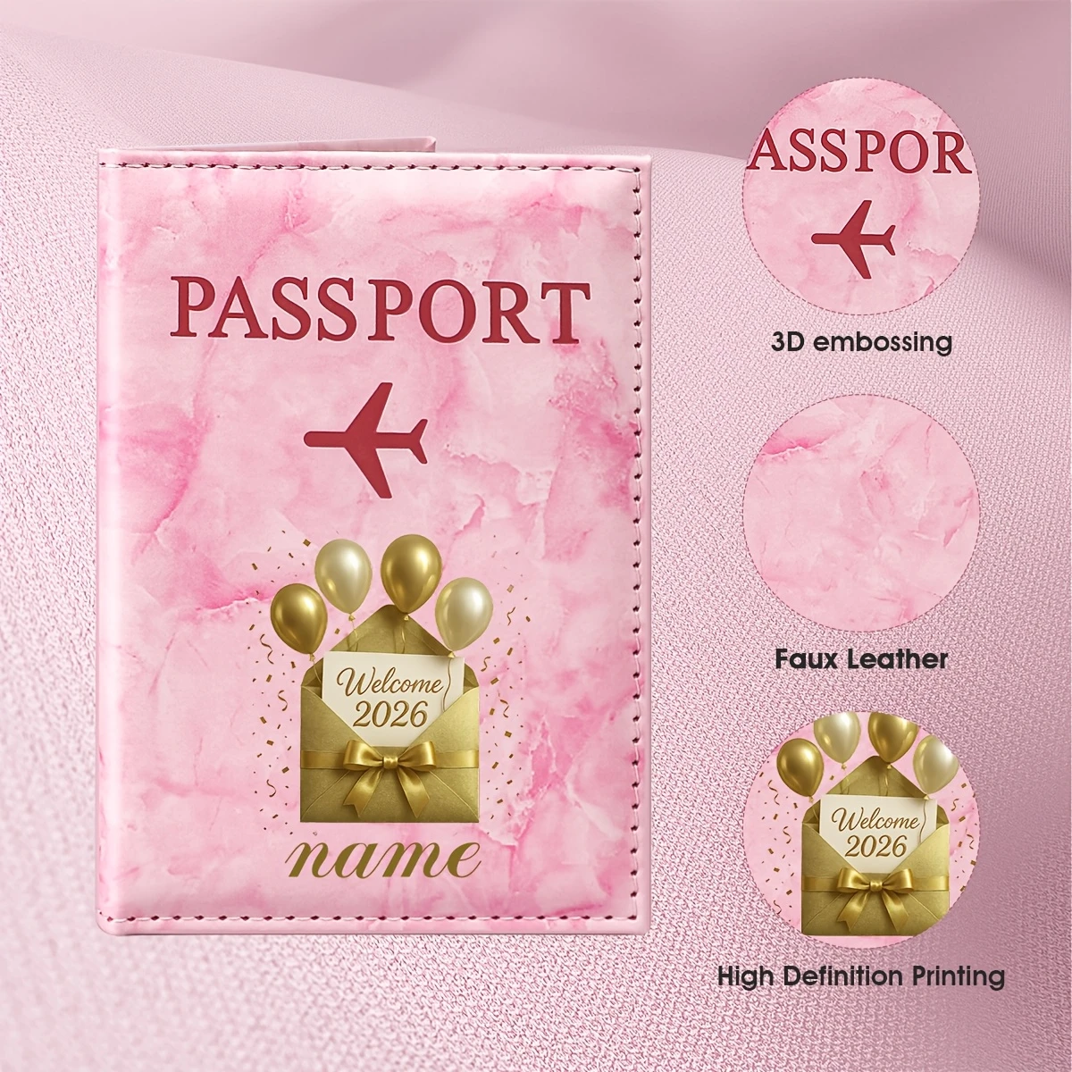 Custom Name Gold-Themed Passport Holder for Welcoming 2026, PU Material, Featuring Golden Balloons And The Phrase 'Welcome 2026'