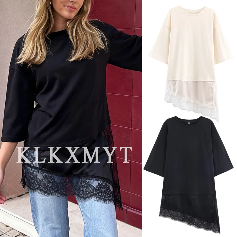 

Women Fashion Lace Splice T-Shirt 2025 Fall Winter Long Sleeves Solid Color Asymmetric Hem T-Shirt Women Elegant Leisure T-Shirt