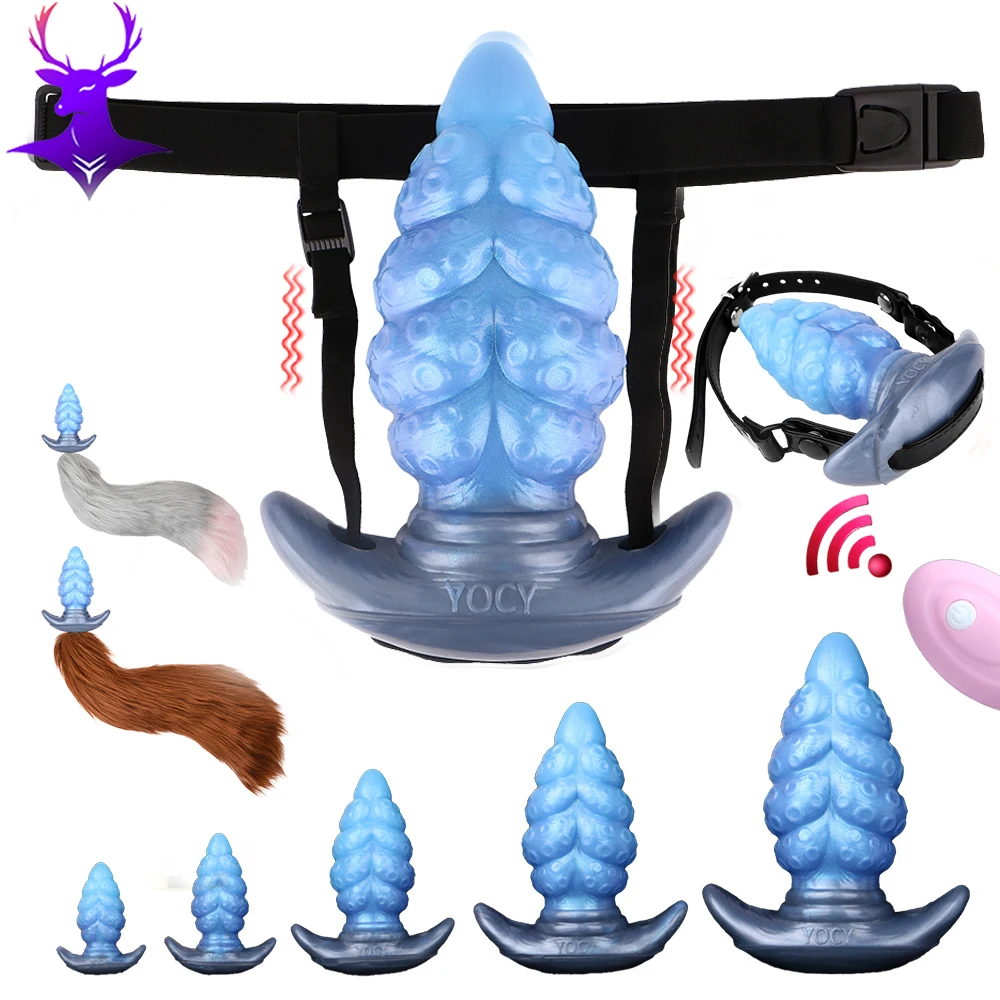 ELKKOST الأزرق سيليكون بعقب المكونات مع ذيل كبير حجم S M L XL XXL التحكم اللاسلكي هزاز قضيب جلدي يمكن ارتداؤها الشرج ألعاب جنسية #6
