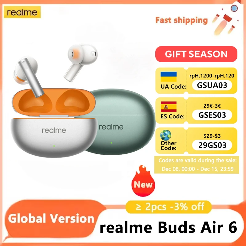 New realme Buds Air 6 TWS Earphone Hi-Res LHDC 5.0 Active Noise Reduction Wireless Bluetooth 5.3 40 Hour Battery Life Headset