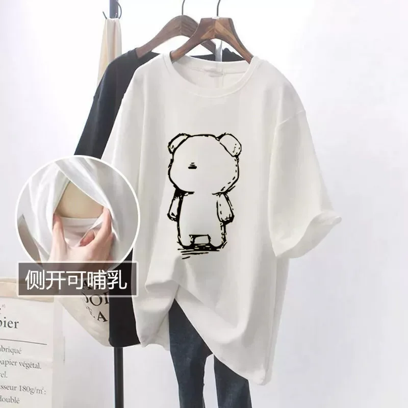 Mom Pregnant Summer Breastfeeding T-shirt Short Sleeve O-neck Printing Nursing Tops Pregnant Women Outer Clothes For Postpartum