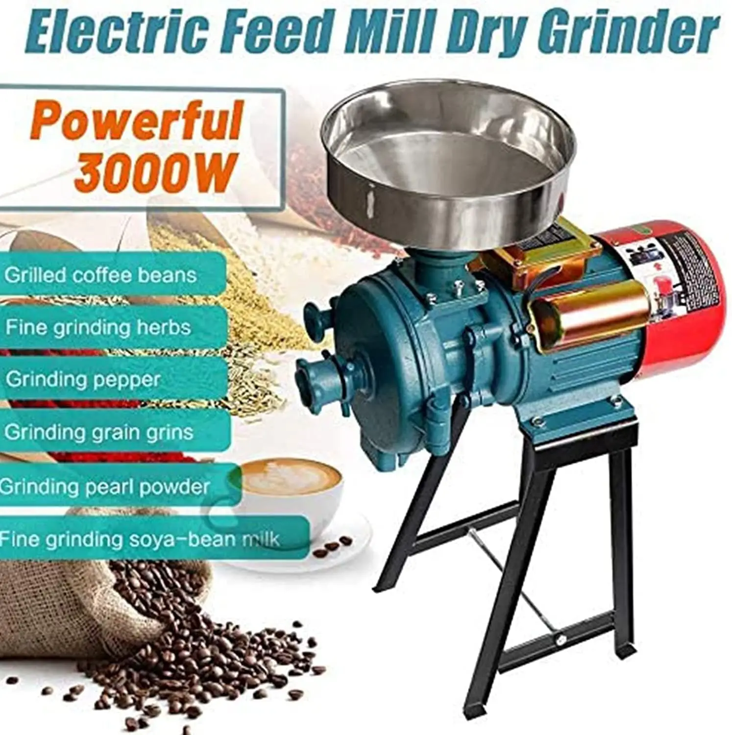 3000W Electric Grain Mill, 110V Corn Grinder Mill Grinder Heavy Duty Grain Grinder Commercial Electric Feed Mill Dry