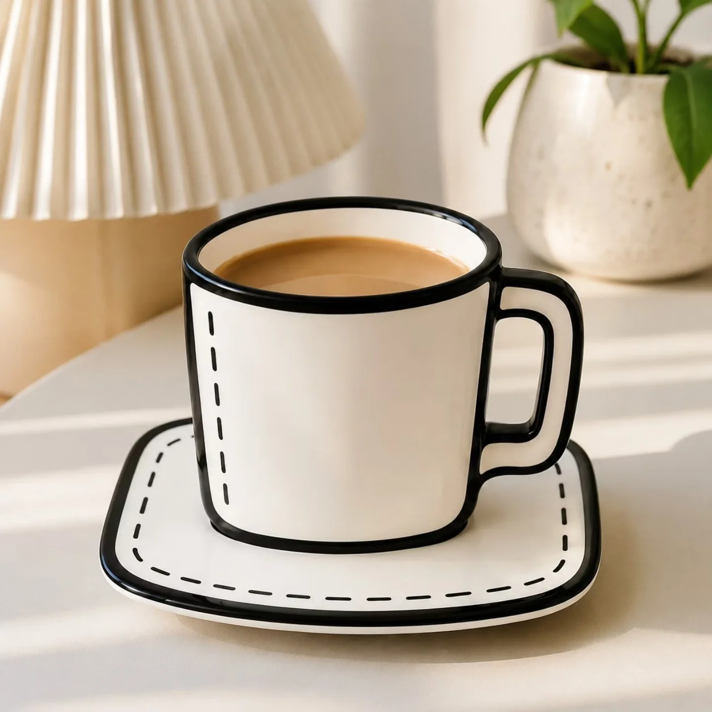 Creatieve 2D-stripmok, blauw en wit, minimalistisch ontwerp, witte keramische beker voor water, ontbijtkoffie, inclusief borden.