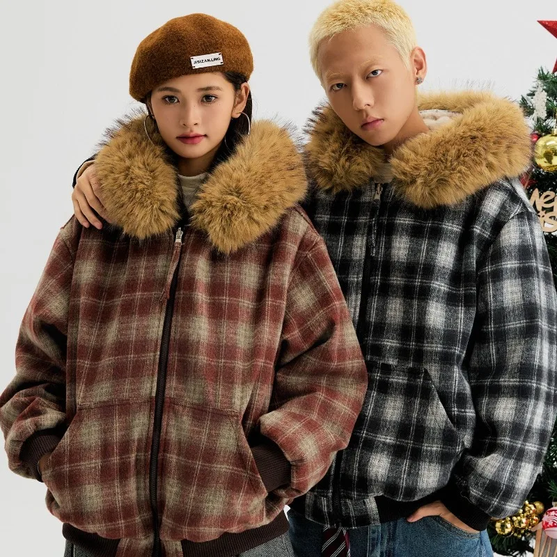 الموضة الأمريكية منقوشة الفراء طوق مقنعين سترة قطن للأزواج الشتاء سميكة معطف غير رسمي الاتجاه الملابس الذكور #5