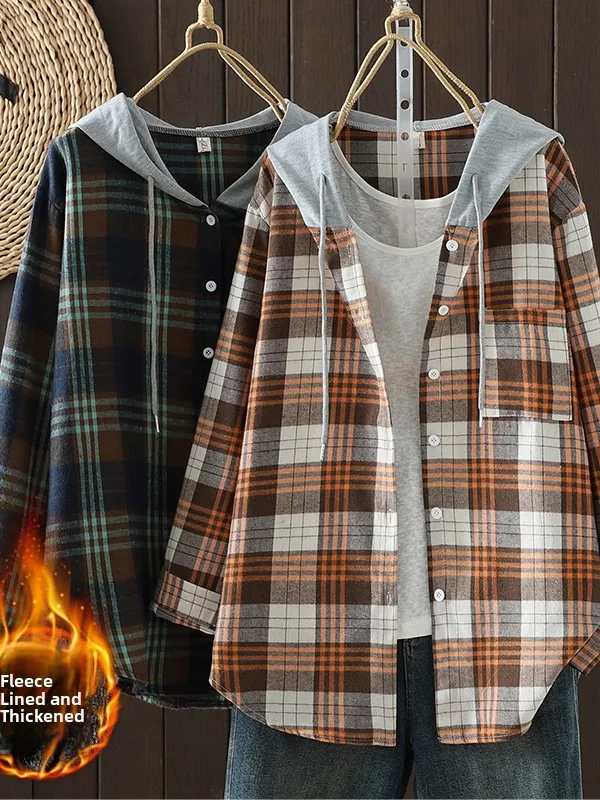 Talla grande de moda suelta larga Sve con capucha a cuadros irt Jaet mujeres Thiened cárdigan abierto falso de dos piezas irt Jaet otoño...