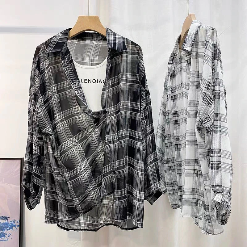 Women Thin Plaid Shirt Casual Long Sleeves Blouse Sun Protection Chiffon Coat Female Button Cardigan All-match Shirt Y2k Tops