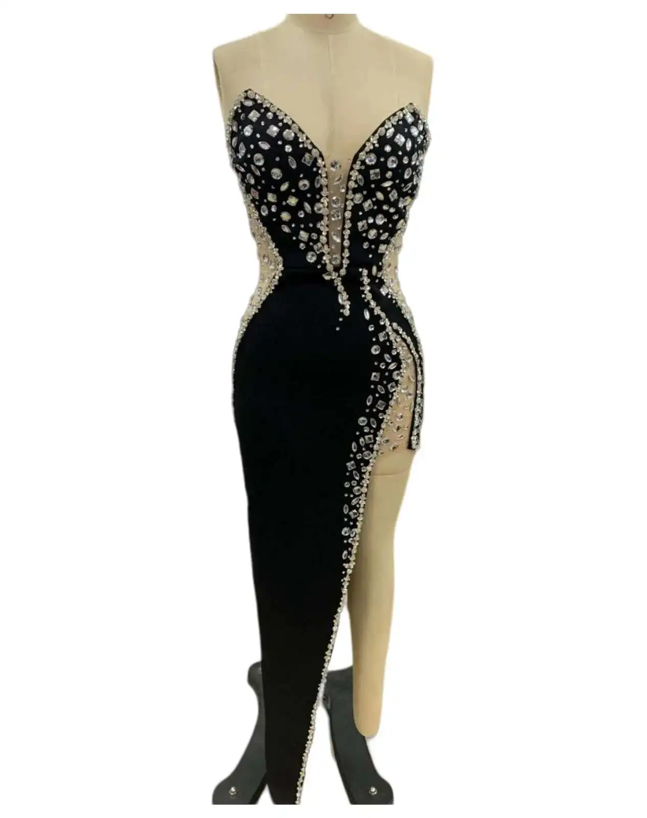 LEOSOXS 2025 New Black Strapless Evening Dress With High Slit, Rhinestone Embellishments, Bodycon Fit, See-through Mesh Panels