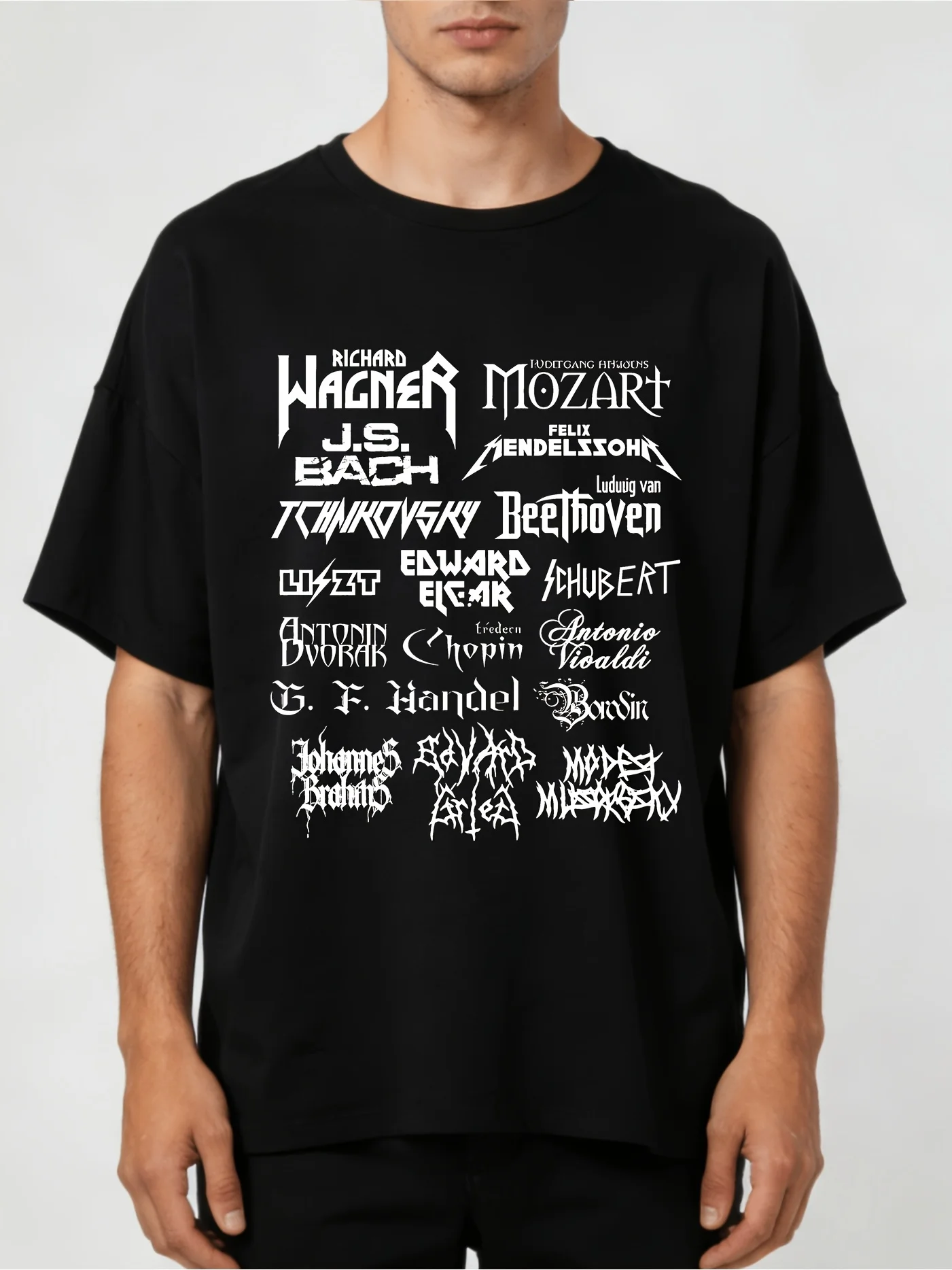 Men's Heavy Metal Pattern T-Shirt- Made with Soft, Comfortable, High-quality Fabric, Featuring Classic Composer Designs Including Mozart, Beethoven, Tchaikovsky, Vivaldi, Handel, Bach, and Wagner- The Perfect Gift for Music Lovers