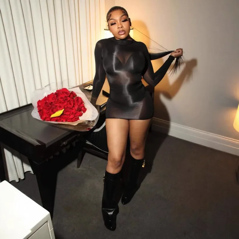 Oil Shiny Seamless Body Stockings Bodycon Mini Dress Women See Through O Neck Long Sleeve High Stretch Silky Glossy Clubwear