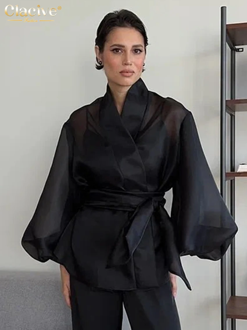 Clacive Fashion Loose Black Women's Shirt 2025 Casual V-Neck Puff Sleeve Shirts Elegant Classic Lace-Up Top Female Clothing